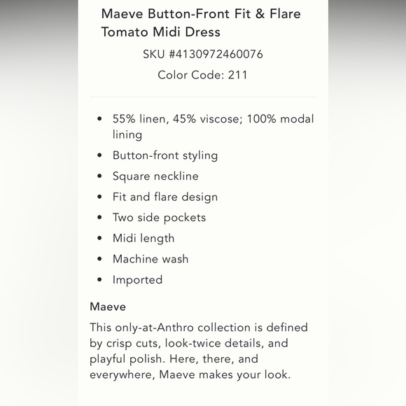 Anthropologie NWT Maeve Button-Front Tomato Midi Dress size XL. - Picture 6 of 16